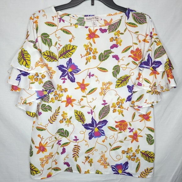 HARLOW & ROSE WHITE FLORAL PRINT RUFFLE SLEEVE BLOUSE EUC SMALL - Picture 6 of 8